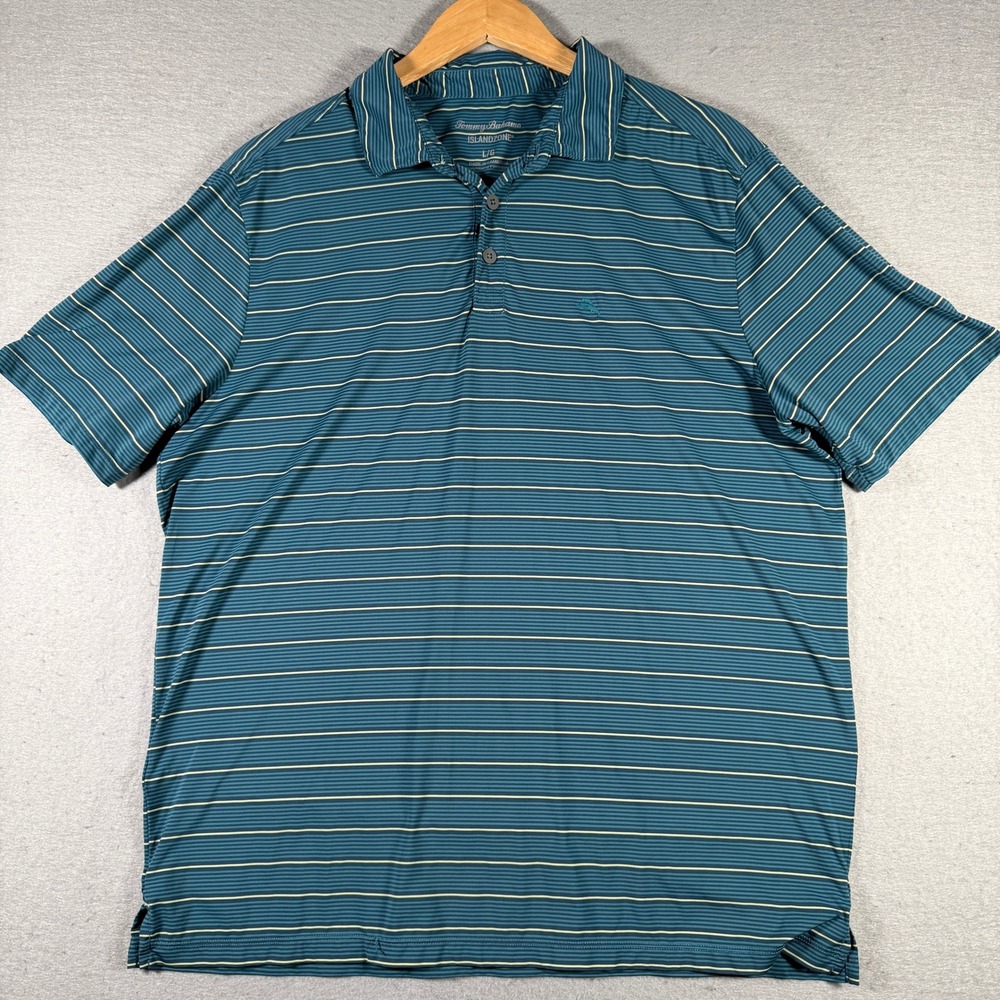 Tommy Bahama IslandZone Mens Large Teal Blue‎ Striped Performance Polo Shirt L/G